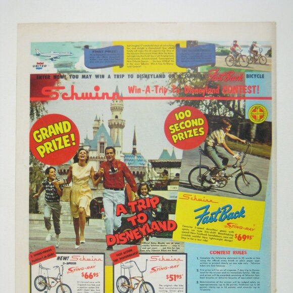 Schwinn Disneyland Contest Vintage Print Ad Family Bicycles 1960s Print AD - Picture 2 of 2
